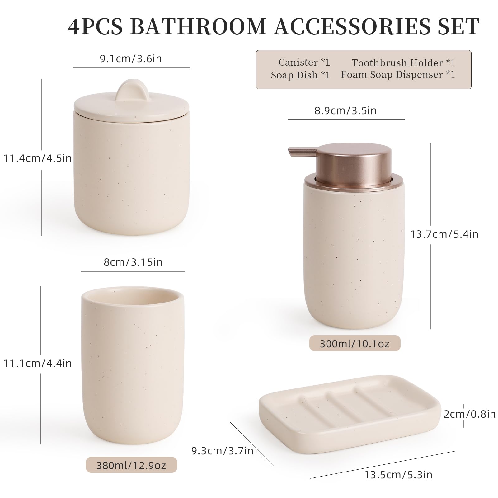 BosilunLife Set di 4 accessori da bagno in ceramica – Set di sapone da bagno, dispenser per schiuma, portasapone, portaspazzolino/bicchiere, barattolo per cotton fioc (beige tascabile, schiuma)