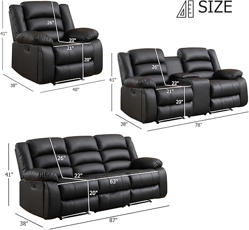 Miniatura 2 de EBELLO Juego de sofá reclinable manual de piel sintética, silla reclinable, sofá reclinable de dos plazas y sofá de 3 plazas, juego de sofá para