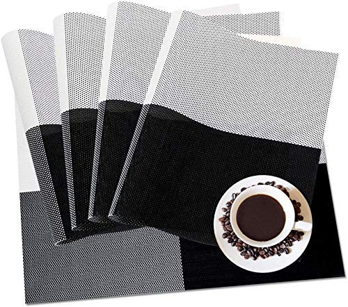 FRENYEAR Table Place Mat Stain - Placements Washable Kitchen Table Place Mat Stain-Resistant Cross Weave Woven Vinyl Table Mats for Kitchen Dining Table, Home (Set of 4, Black) 1