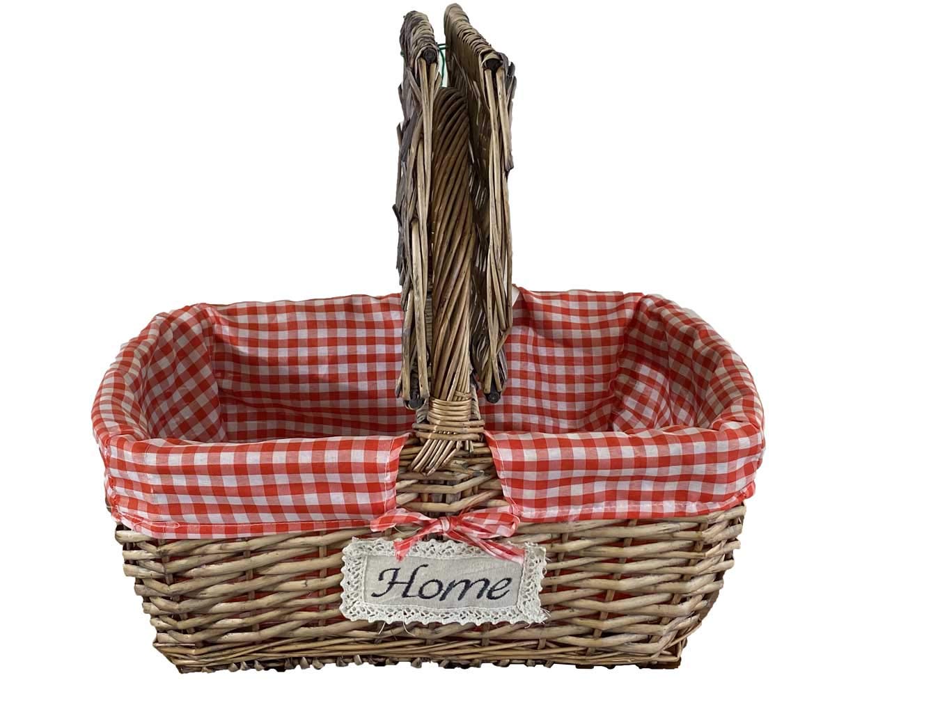 Cestino da pic nic in vimini SOSTY45 con manico fodera in cotone rimovibile picnic quadri bianchi e rossi per feste barbecue cm.42x35 h20