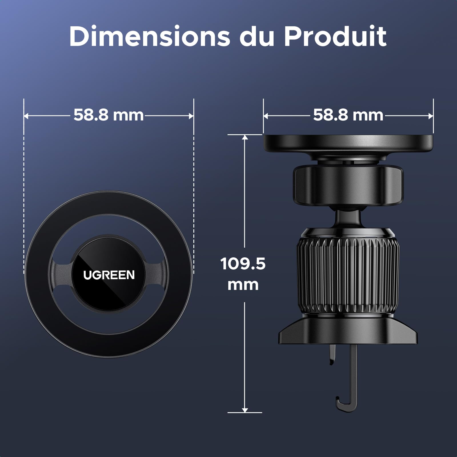UGREEN Support Téléphone Voiture Magnétique pour MagSafe Porte Smartphone Voiture Rotatif à 360°avec Crochet Magnétique en Métal Compatible avec iPhone 17 Pro Max 16 15 Galaxy S25 S24, Noir