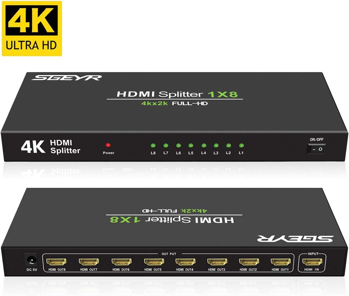 SGEYR 4K 1x8 Port HDMI Splitter 1 in 8 Out HDMI Splitter V1.4 Amplifier Switcher Box Support 4K 30Hz 3D 1080P Full HD for Xbox PS3 PS4 Fire Stick Roku Blu-Ray Player HDTV