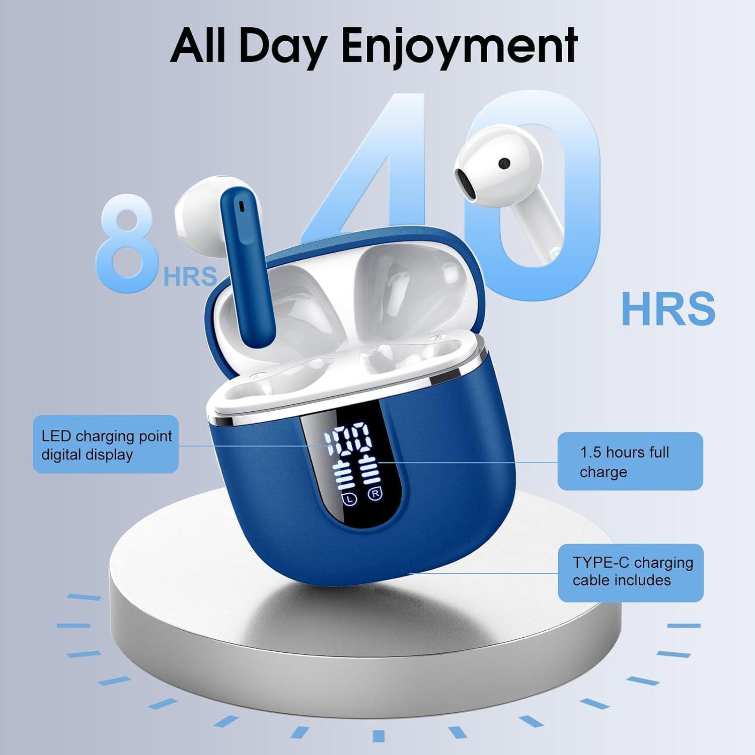 Wireless Earbuds, Bluetooth 5.4 Headphones with 3D Bass Stereo, 40H In-Ear Buds with 4 ENC Noise Cancelling Mic, Ultralight Bluetooth Earbuds USB-C LED, IP7 Waterproof Earphones for Android iOS, Blue