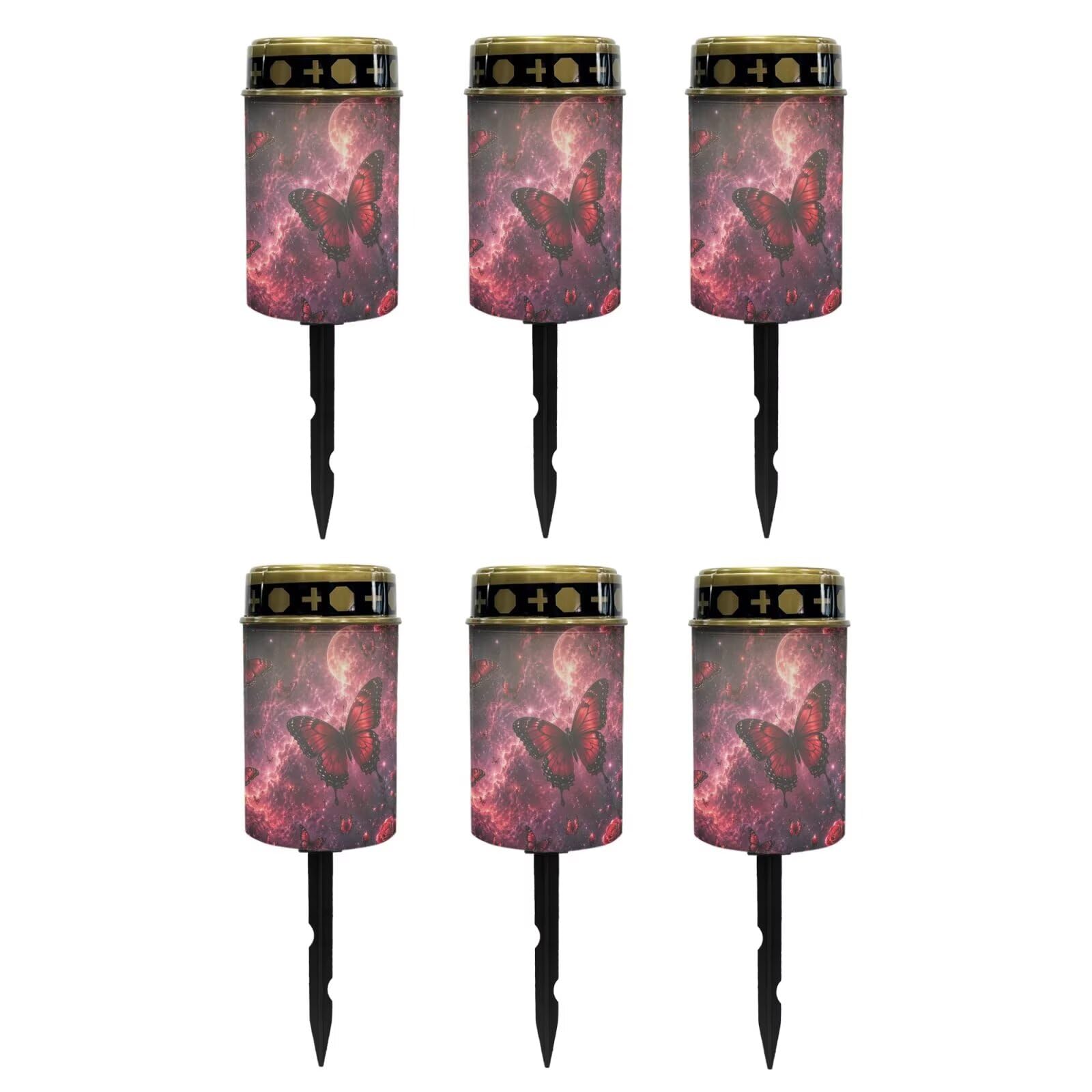 Poceacles Outdoor Solar Lights Solar Grave Candle Outdoor Waterproof Cemetery LED Candles for Cemetery Lawn Porch Outside Decoration, Butterfly Rose Galaxy Moon Red, Pack of 6