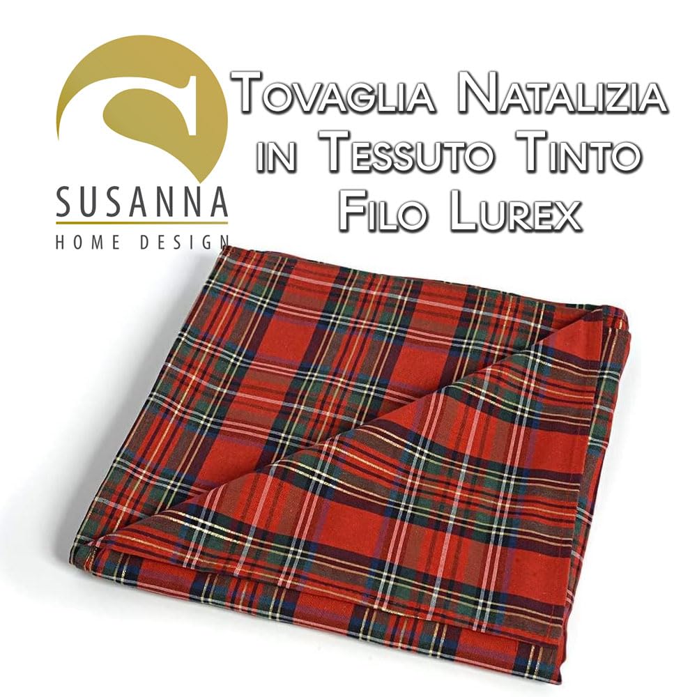 Nappe de Noël Natalina, tissu écossais avec fil Lurex, fabriquée en Italie, Nappe de Noël à carreaux avec ornement coton et polyester, disponible en plusieurs couleurs et tailles (A-rouge, 140 x 450)