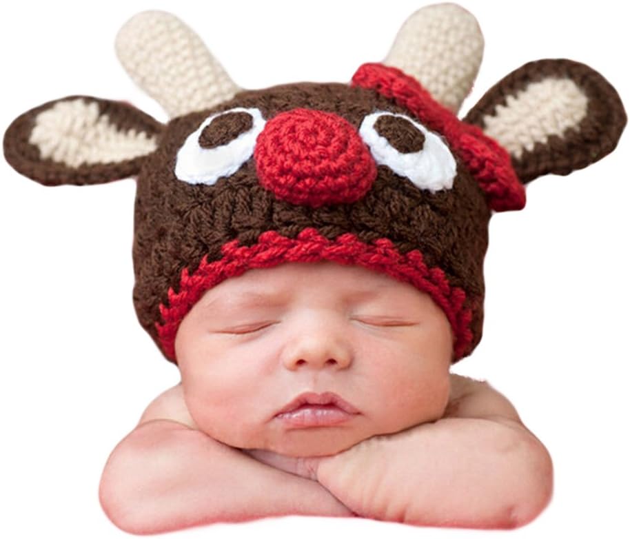 Animal Red Nose Moose Hat Knitted Warm Hat Newborn Baby Halloween Christmas Cosplay Party Costume
