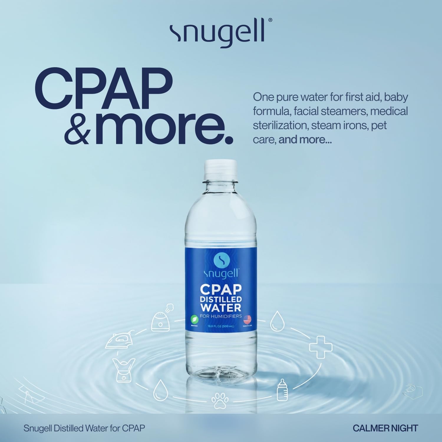 Snugell Agua destilada para humidificadores CPAP | Paquete de 12 botellas 16.9 oz H20 | Apto para viajes | 16.9oz H2O | Fabricado en Estados Unidos |