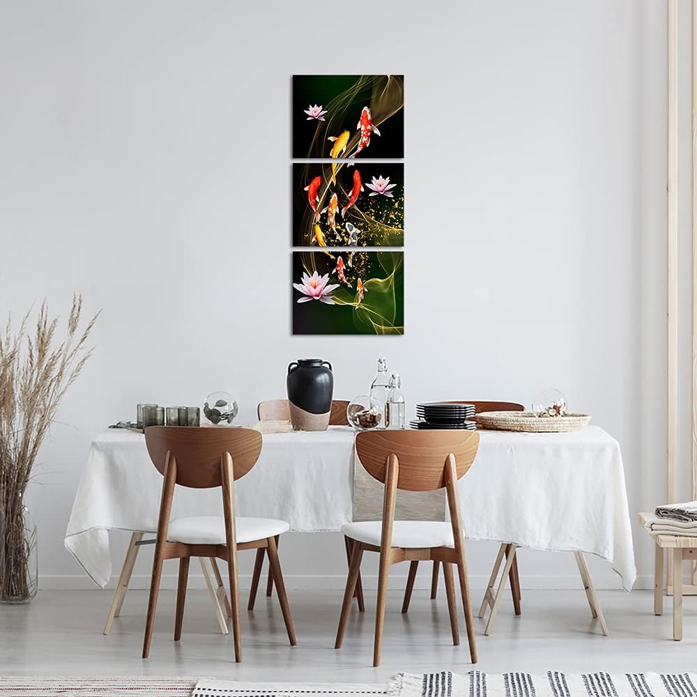 Canvbay 3 Piece Nine Koi Fish Canvas Painting Wall Art Feng Shui Lucky Carp in Lotus Pond Picture Prints Traditional Chinese Painting Poster for Bathroom Spa Room Decor Framed 12x16inchx3pcs