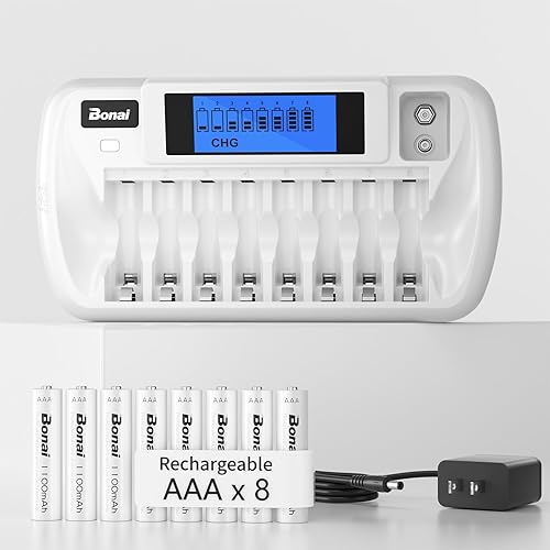 BONAI Baterías AAA recargables con cargador, cargador de batería de 8+1 bahía AA AAA con pantalla LCD para 1.2V NiMH NiCD AA AAA 9V, 1100mAh alta