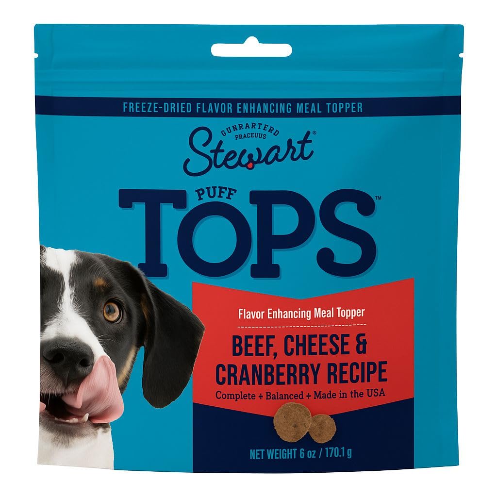 Stewart Freeze Dried Dog Food Topper, PuffTops, Beef, Cheese &amp; Cranberry, 6 Ounce Resealable Pouch, Flavor Enhancing Meal Topper or Dog Treat, Made in USA