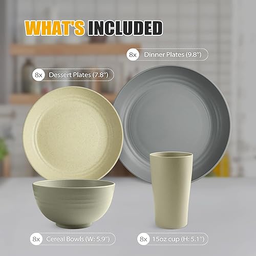 Miniatura 2 de Teivio Juego de vajilla de paja de trigo de plástico de 32 piezas, servicio para 8, platos llanos, platos de postre, cuencos para cereales, vasos,