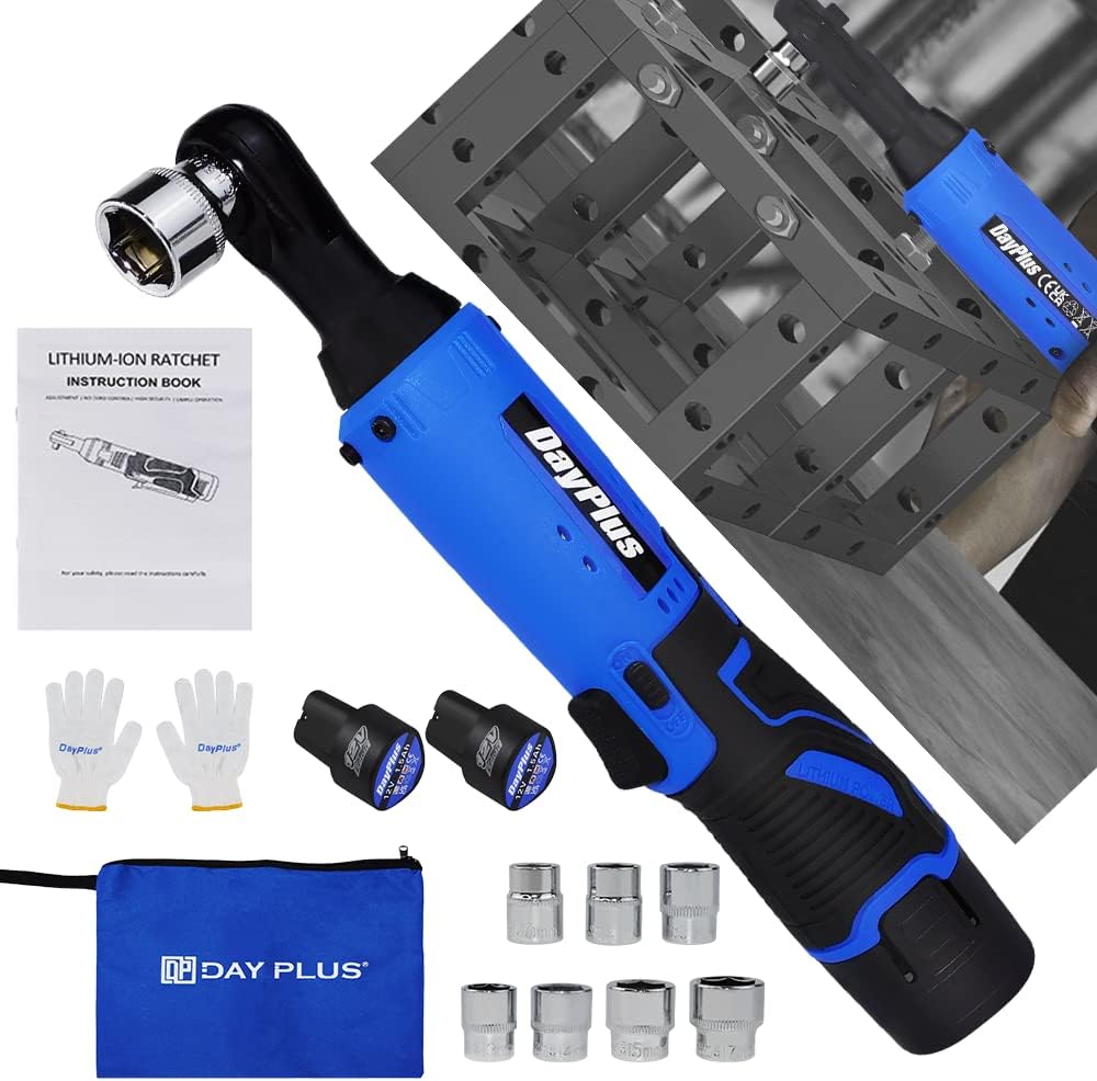 Ratchet Wrench Set Cordless with 2 x 1500mAh Lithium-Ion Batteries, 3/8'' Angle Wrench with 7pcs Sockets Set, Electric 40N.m Torque 12V Power Ratchet Wrenches Set w/LED Work Light