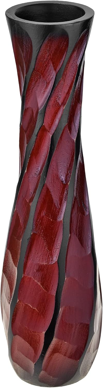 AeraVida Beautifully Hand Carved Etched Mango Tree Wood Vase | 14 inch | Classic Flower Vase | Mango Tree Wood Flower Vase | Handmade Home Office Table Vase (Red)