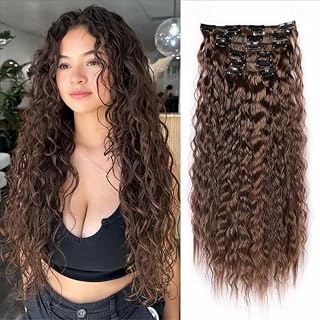 24 Inch Synthetic Hair Extensions 6 Piece Set - Dark Chocolate Brown Wavy Curls, Invisible Clips Lightweight, Volume Thick No Dyeing for Party Wedding Daily