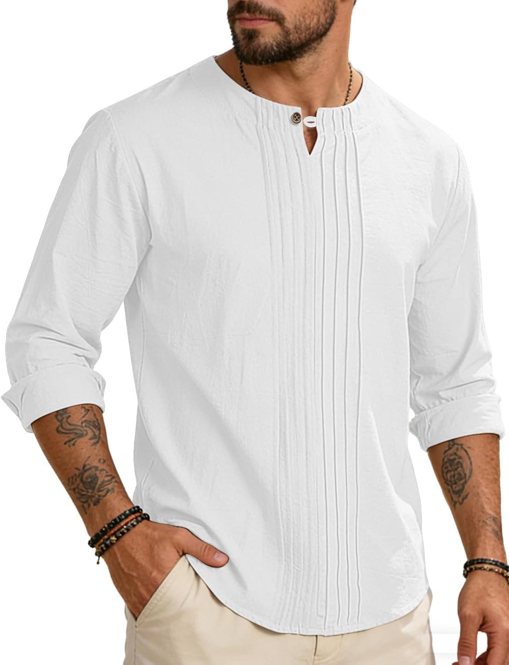 Men's Linen Shirts Casual Long Sleeve Pleated Front T-Shirt Button Henley Collared Loose Lightweight Pullover Top - Image 4
