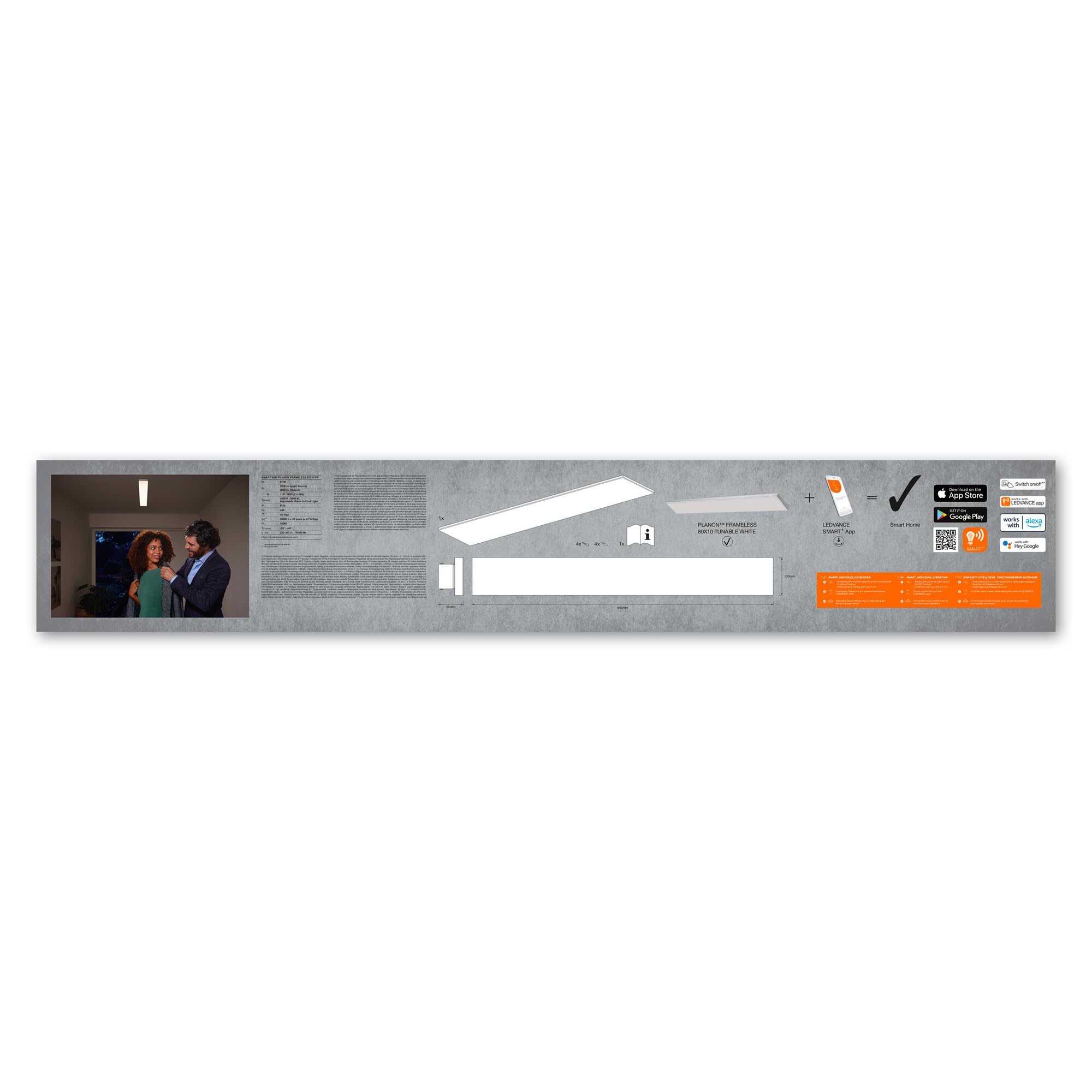 LEDVANCE Plafón LED inteligente, panel interior con tecnología WiFi, color de luz cambiante (3000K-6500K), 800mm x 100mm, compatible con Google y Alexa Voice Control, SMART+ WIFI PLANON FRAMELESS