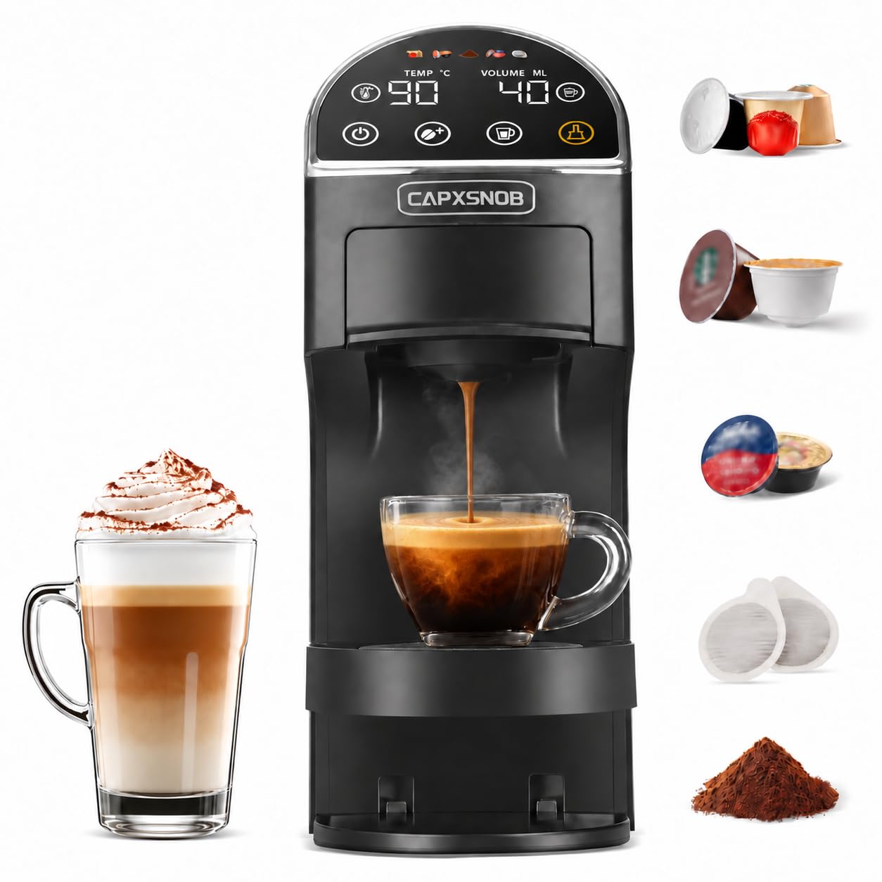 Magician2 Machine à capsules 5 en 1 pour Nespresso, Dolce Gusto, Lavazza A Modo Mio, ESE 44 mm dosettes et poudre de café, 20 bar, 1400 W, 1,2 l, écran tactile et débitmètre, sans BPA, machine à café