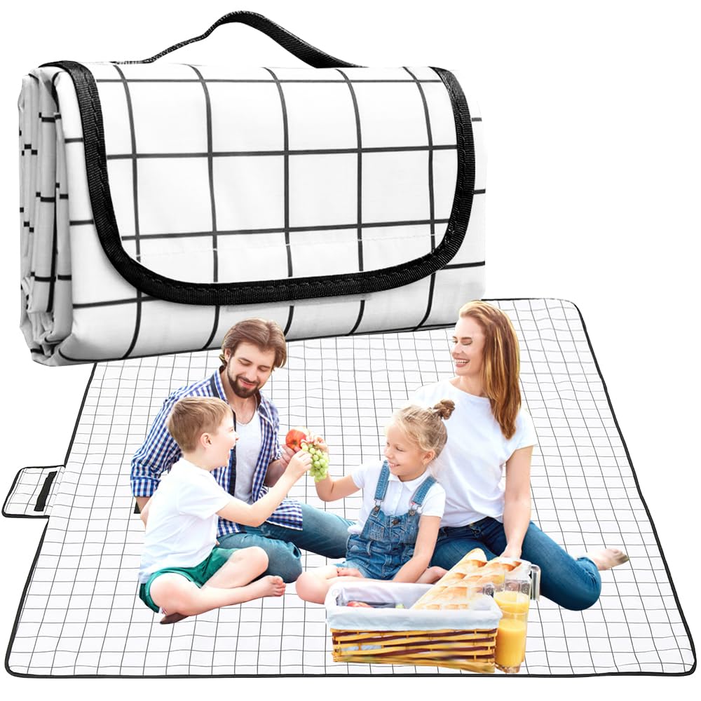 Tyuodna Large Picnic Blanket 200 x 200 cm,Beach Blanket Waterproof and Sand Proof with Carrying Handle,Foldable Picnic Blanket Large Padded,Beach Mat Picnic Mat Machine Washable (black white grid)