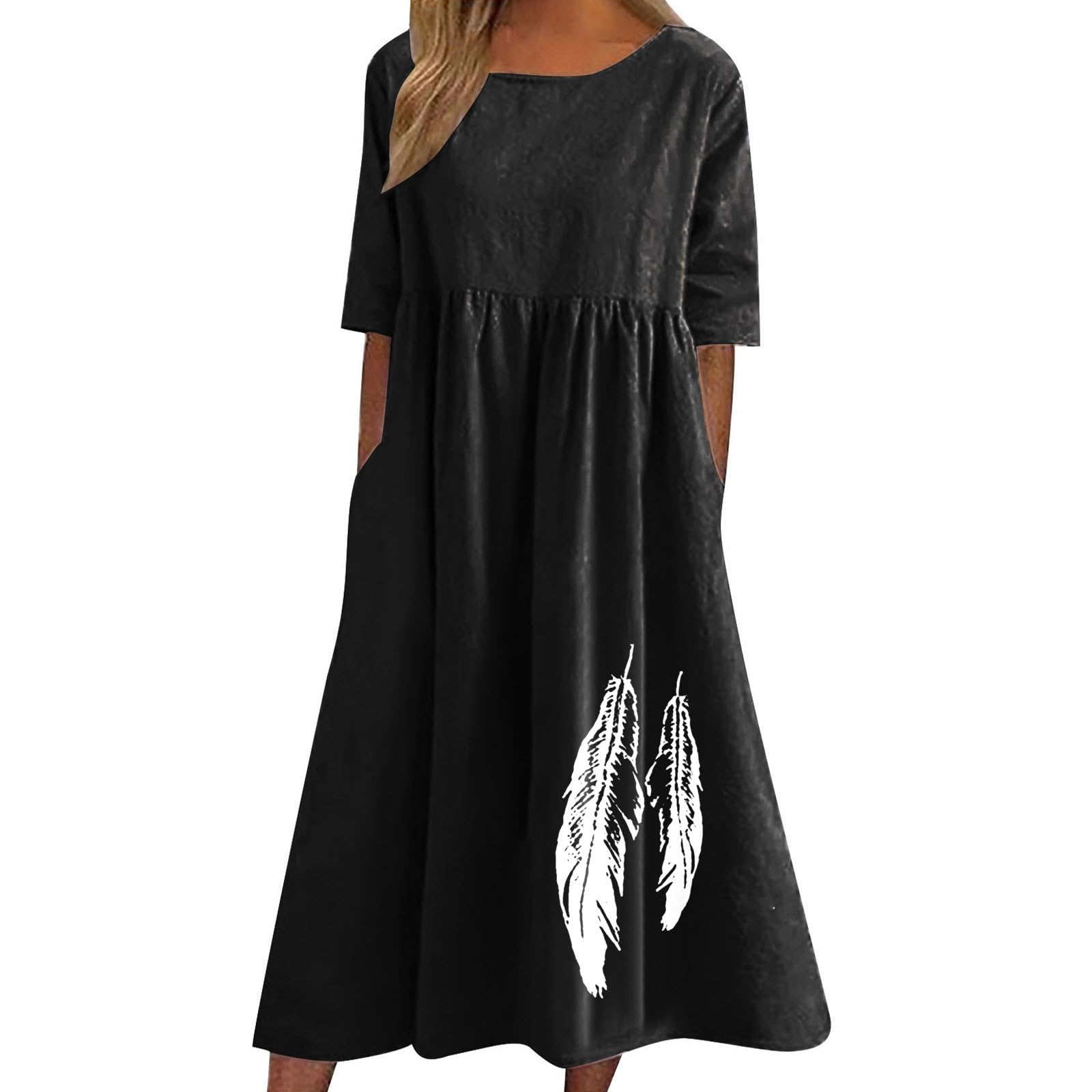NUSGEAR 2024 Vestidos Largo Mujer Algodón y Lino Vestido Verano Basico Casual Vestidos Cuello Redondo Vestidos Estampado Elegante Vestido Manga Corta Vestido Cómodo Playa Vacaciones Talla Grande