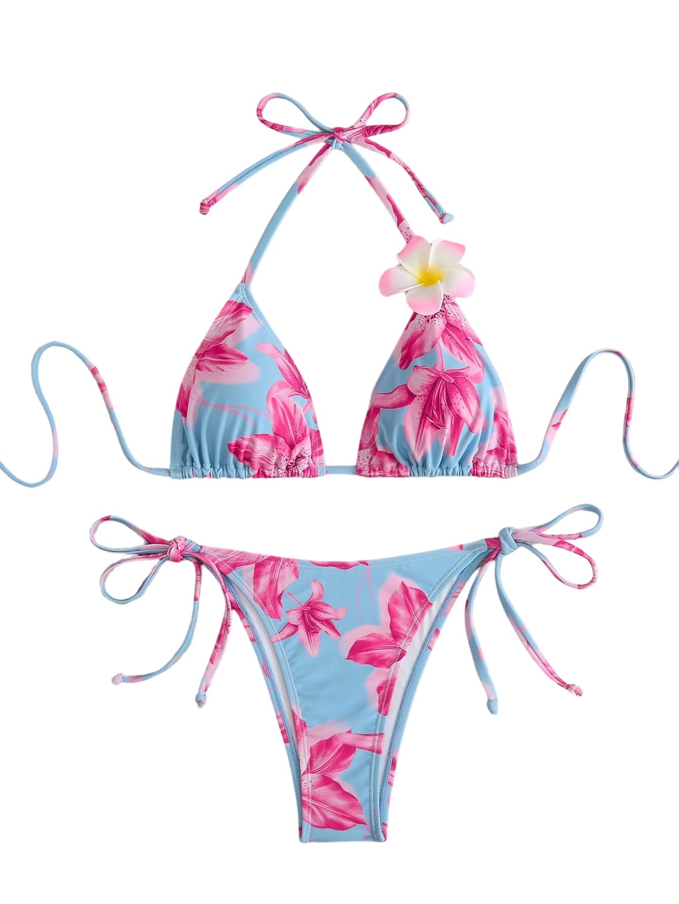 GORGLITTER Bikini da donna a triangolo, bikini, top a goccia, con nodo, in due pezzi, estivo, da spiaggia, con motivo tropicale