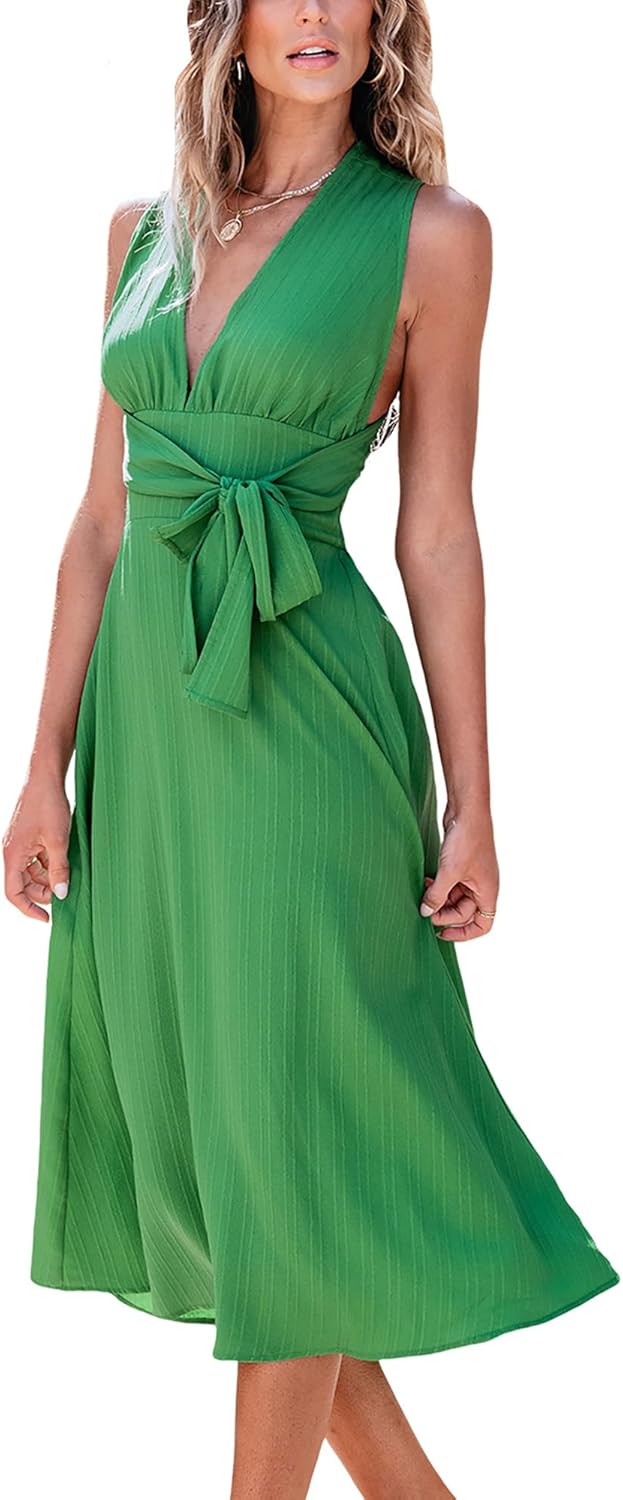 CUPSHE Women's Midi Dress Plunging V Neck Belted Sleeveless Pleated A Line Beach Long Summer Dress