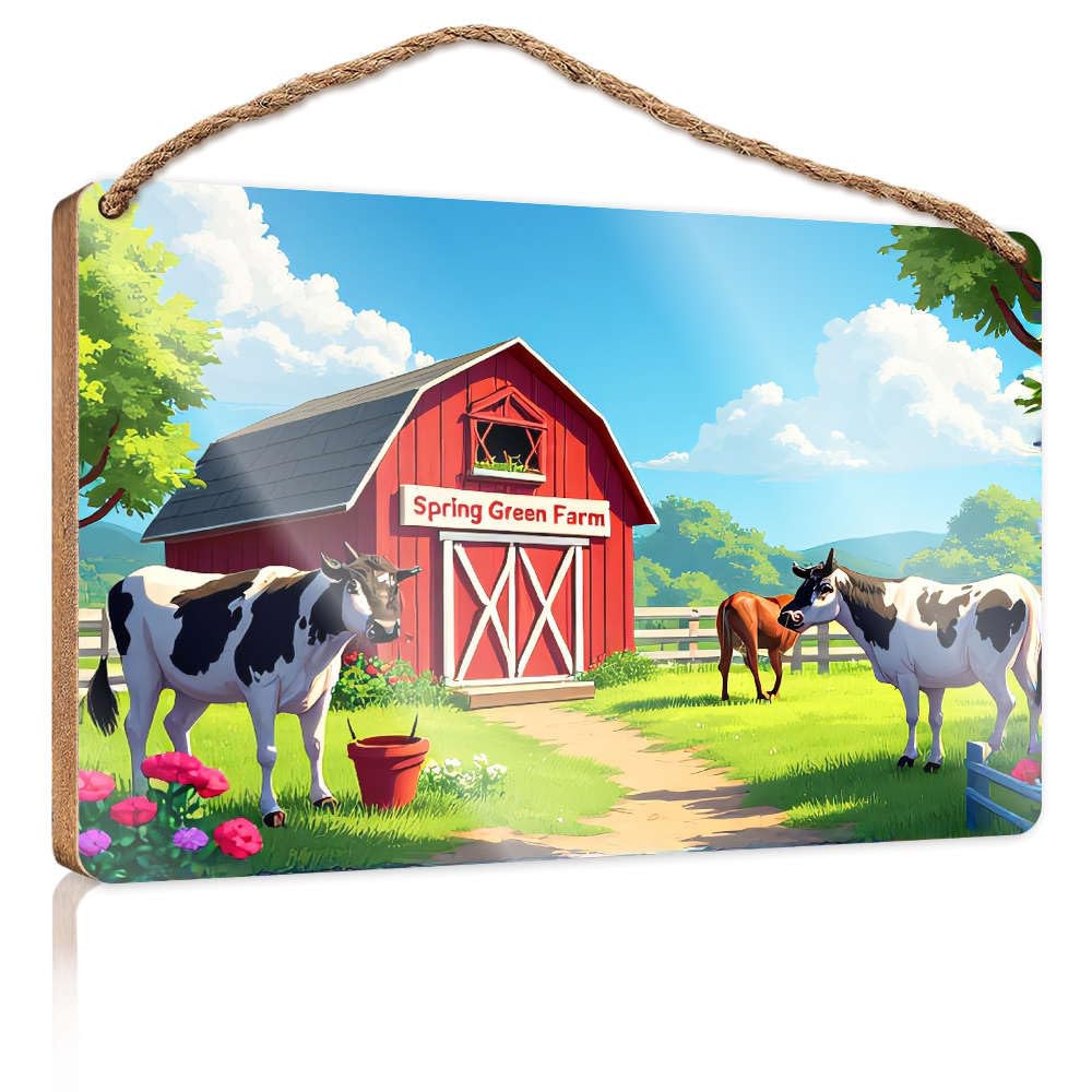Bathroom Wall Wood Sign Cows Grazing Near Spring Green Farm Barn. Outdoor Fall Decorations Restroom Decor(23X35CM)