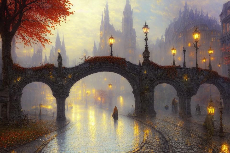 Toile Gothic City in Autumn affiche murale 58x90cm poster paysage rue pavee pont