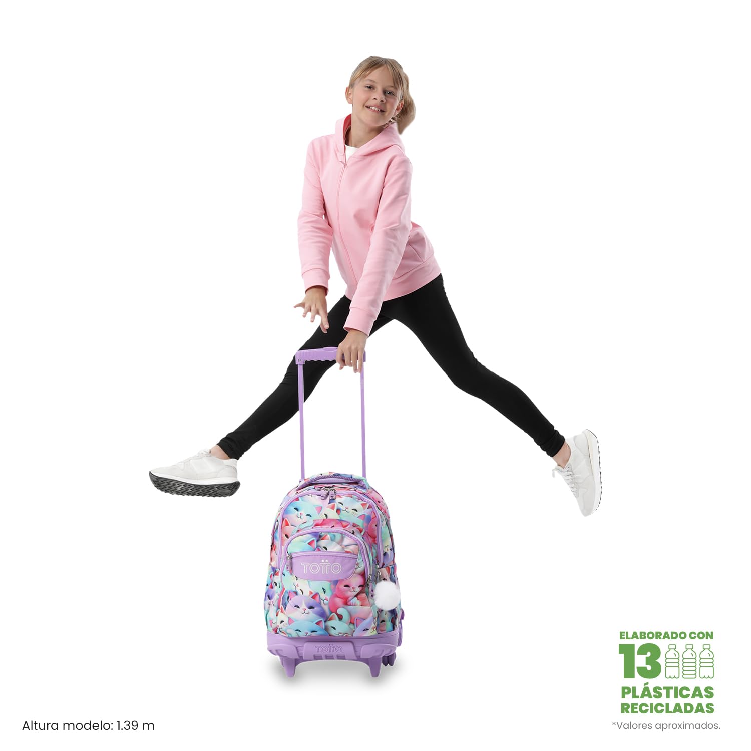 TOTTO Mochila Escolar con Ruedas Renglones 26,21 Litros Bolsillo PC 15,4" Resistente Estampado Mewsy 3D