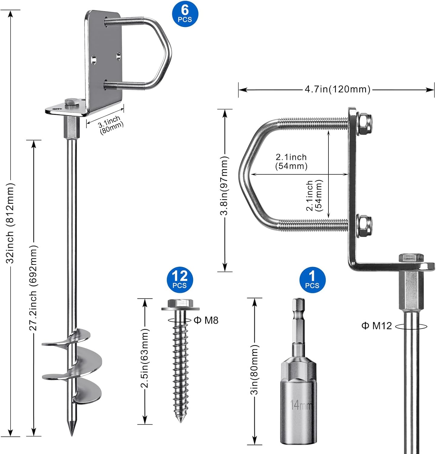 30" Heavy Duty Screw in Ground Anchors Kit, 3" Spiral Windproof Earth Anchors for Trampoline, Shed, Swing Set & Mobile Home, Fully Welded Steel with Nut Driver Drill Bit (Set of 6)