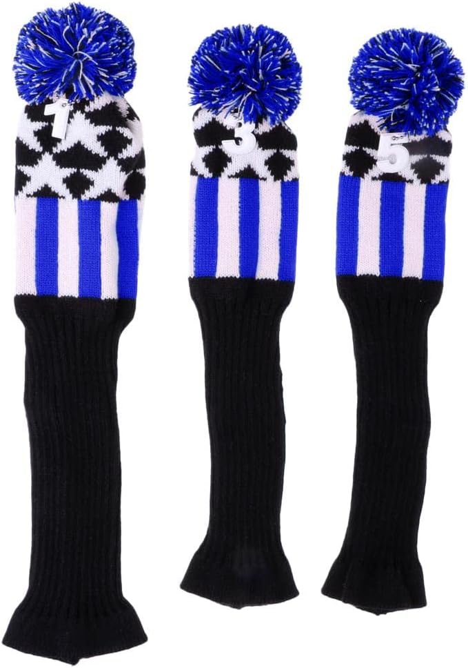 3Pcs Pom Pom Headcover Knit Golf Club Head Covers Set, Long Neck Sock for Extra Shaft ion, Tag Numbers Included, Easy On/Off, for Drivers, Woods, Fairway - Color May Vary - Blue, One Size