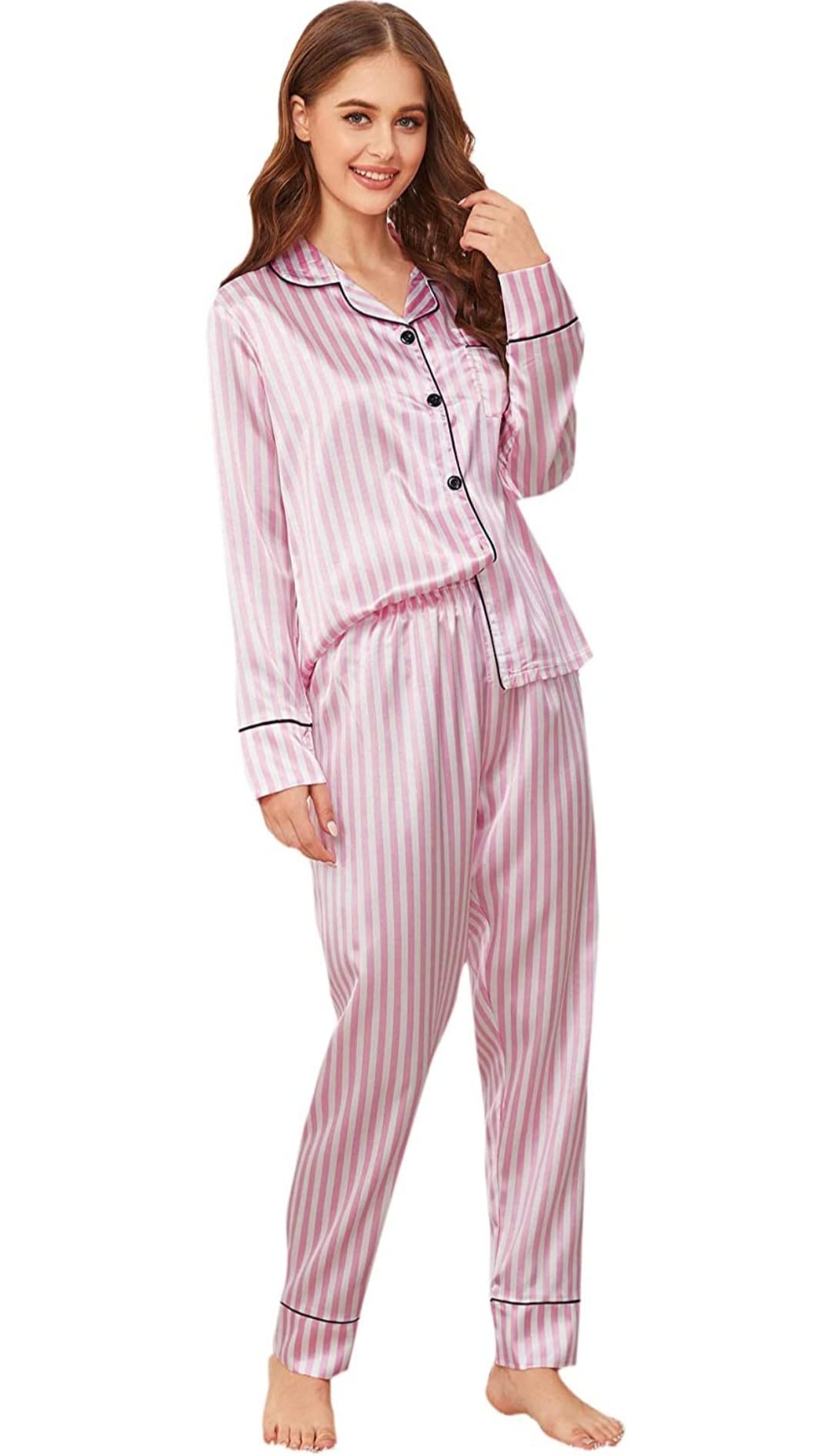 Sweet CathySatin Sleepwear Silky Pajamas Long Sleeve Button Top And Pants Striped PJ Set