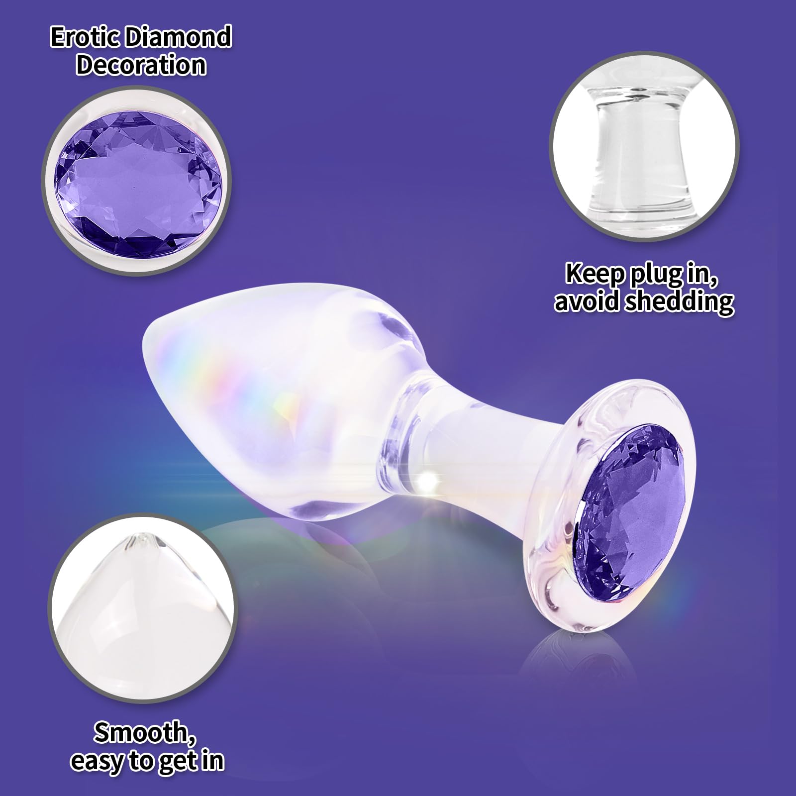 Crystal Glass Anal Plug with Luxury Jewelry Butt Plug Fetish Anus Stimulation Unisex Adult Anal Sex Toy (Purple, S): Purple S