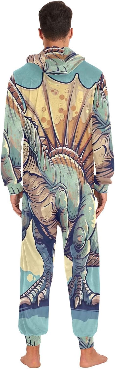 Spinosaurus Teal Zipper Onesie Pjs, Funny Lounge Wear with Hood for Winter