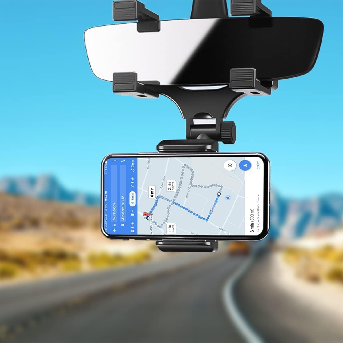 HOJI ABS Plastic Mobile Phone Holder for Car Rear View Mirror Generation Car Model Anti Shake Fall Prevention | Full Rotation | Anti-Vibration Pads Stand | Adjustable Car Mount Upto 6.5 inches Mobiles