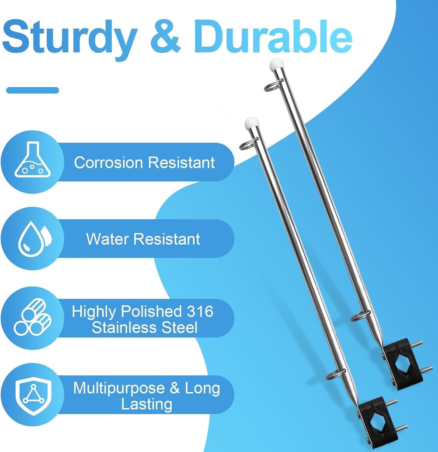 2 Pcs Adjustable Boat Flag Pole Universal, 12”x18” Stainless Steel Clamp on Boat Flag Pole Kits Rail Mount Without Drilling (Without Flag) - Image 3