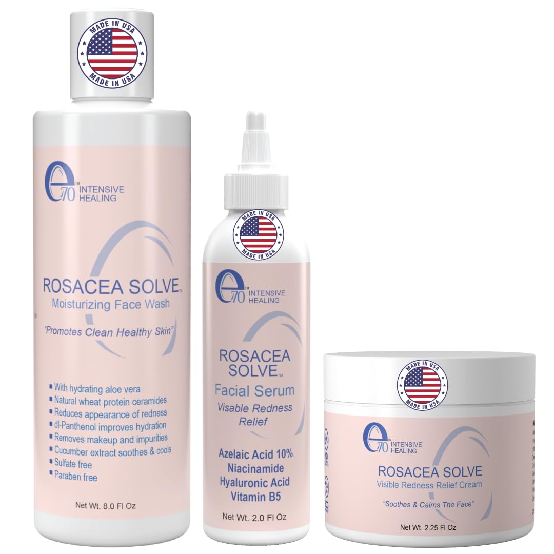 Rosacea Solve Set - Contains Rosacea Cream, Serum and Moisturising Face Wash - Combines Useful Ingredients such as Aloe Vera, Hyaluronic Acid, Niacinamide Coconut Oil, Cocumber, Wheat, Fruit