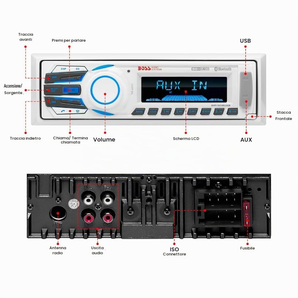 KIT SET PER BOSS AUDIO SYSTEMS MR1308UAB, autoradio 1 din, digital media, ricevitore am/fm, stereo, aux/usb/mp3, con bluetooth, marino, per barca, gommone, 1 pezzo + accessori omaggio