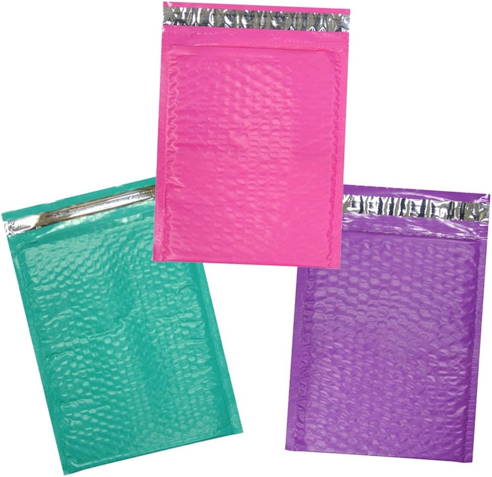 10.5 x 16" Designer Poly Bubble Mailers, Shipping Padded Envelopes, 10.5x15, Pink, Purple, Teal, Black, Orange, Blue, Yellow, Self Sealing with Custom Kissy Stickers (Pink,Purple and Teal, 60)