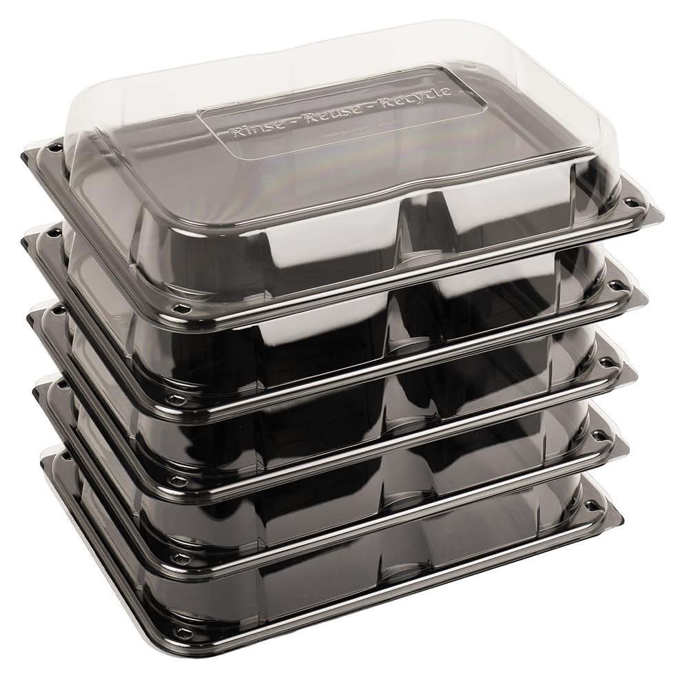 delisupplies 5 x Ultimate Medium Sandwich Platter with Lid, Unique Press Stud Secure Closing, Rectangle Food, Cake, Tray Set Black Base Clear Lid Serving Platters for Buffet, Catering, 350 x 250mm