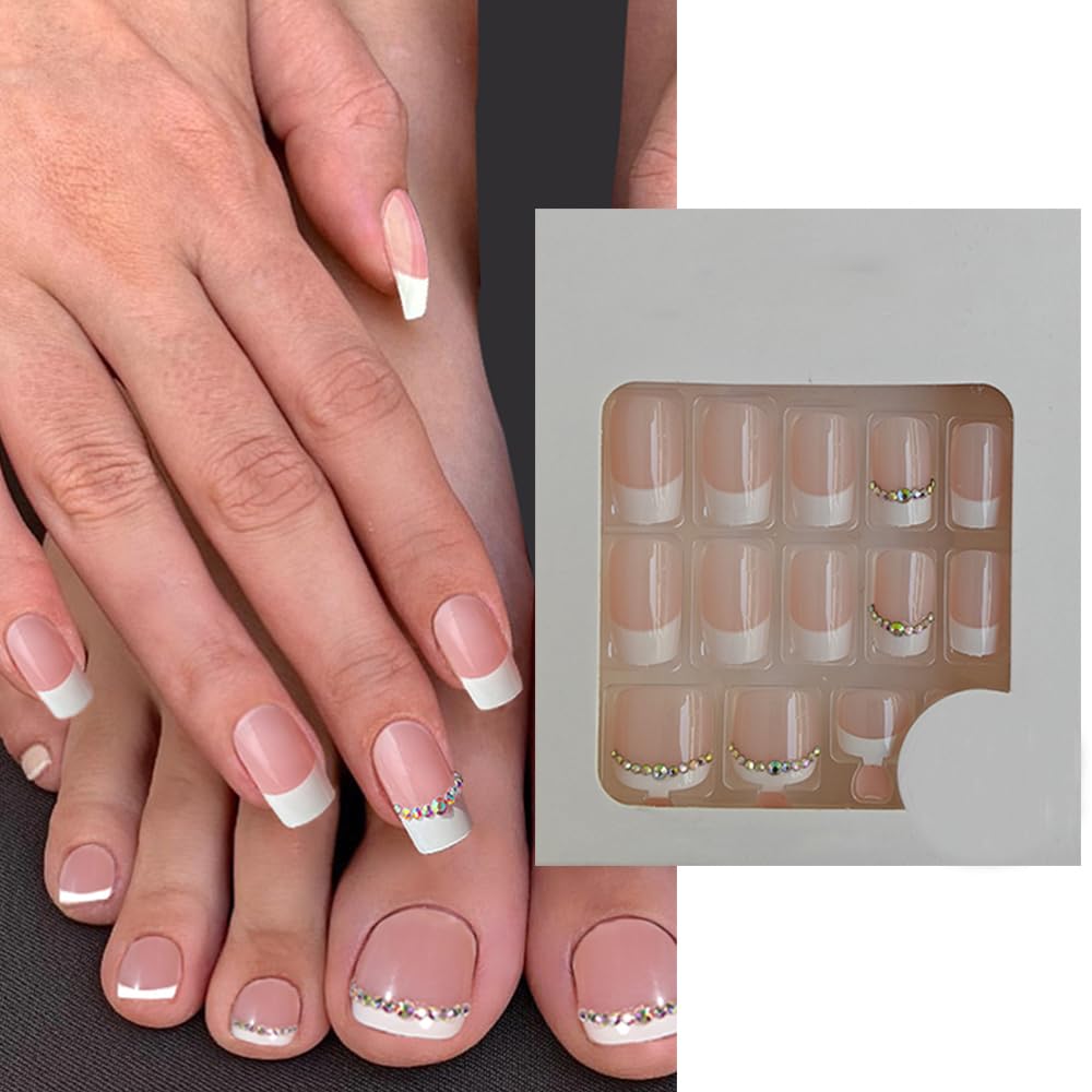 S.A.V.I 48 Pcs French Tip Fake Nails for Hands & Feet | Nude Pink White Press On Nails with Rhinestones | Medium Square Shape | Reusable Nail Art Kit for Women & Girls | Manicure Set-image-33