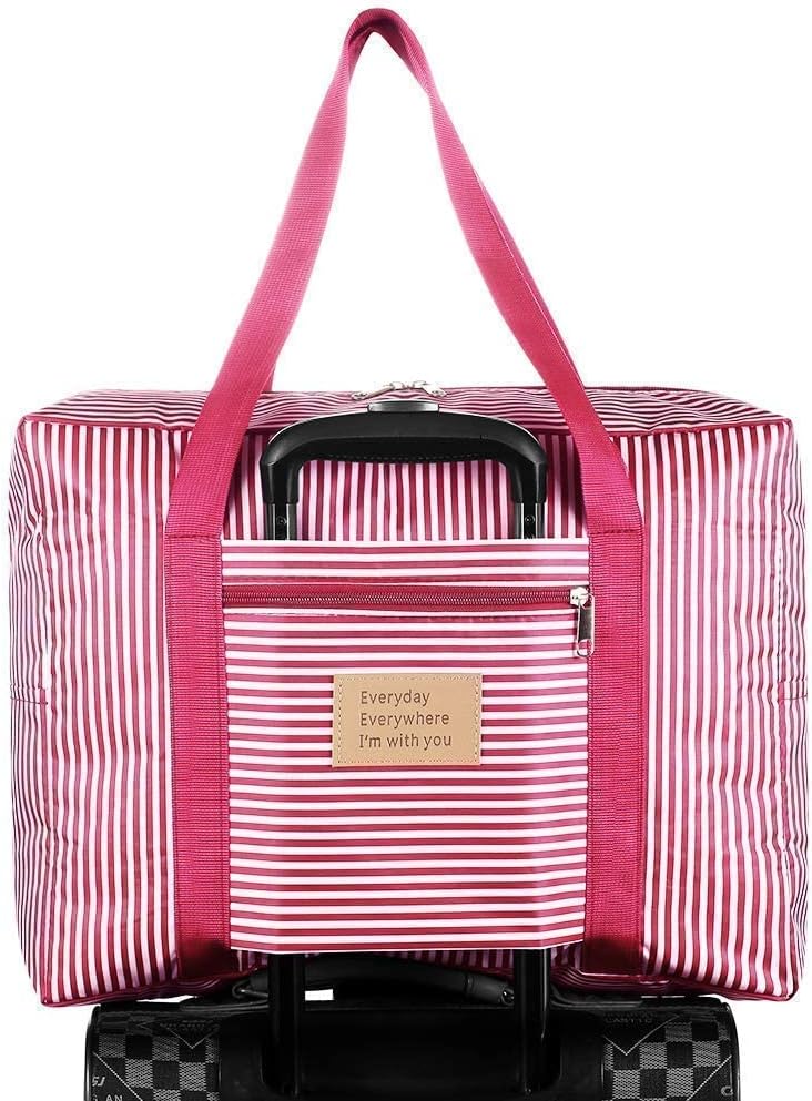 TOCINGO Folding Carry-Ons Flight Bag Travel Duffel Bag Foldable Travel Luggage Bag Travel Tote Bag Waterproof Luggage Organizer Storage (PINK STRIP)