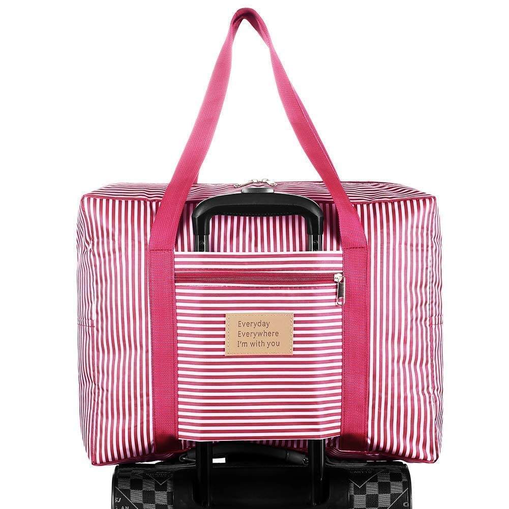 TOCINGO Folding Carry-Ons Flight Bag Travel Duffel Bag Foldable Travel Luggage Bag Travel Tote Bag Waterproof Luggage Organizer Storage (PINK STRIP)