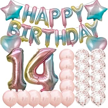 Sweet 14th Birthday Decorations Party Supplies,Rainbow Number 14 Balloons,14th Foil Mylar Balloons Rose Gold Latex Balloon Decoration,Great 14th Birthday for Girls,Women,Men,Photo Props