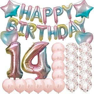 Sweet 14th Birthday Decorations Party Supplies,Rainbow Number 14 Balloons,14th Foil Mylar Balloons Rose Gold Latex Balloon Decoration,Great 14th Birthday Gifts for Girls,Women,Men,Photo Props