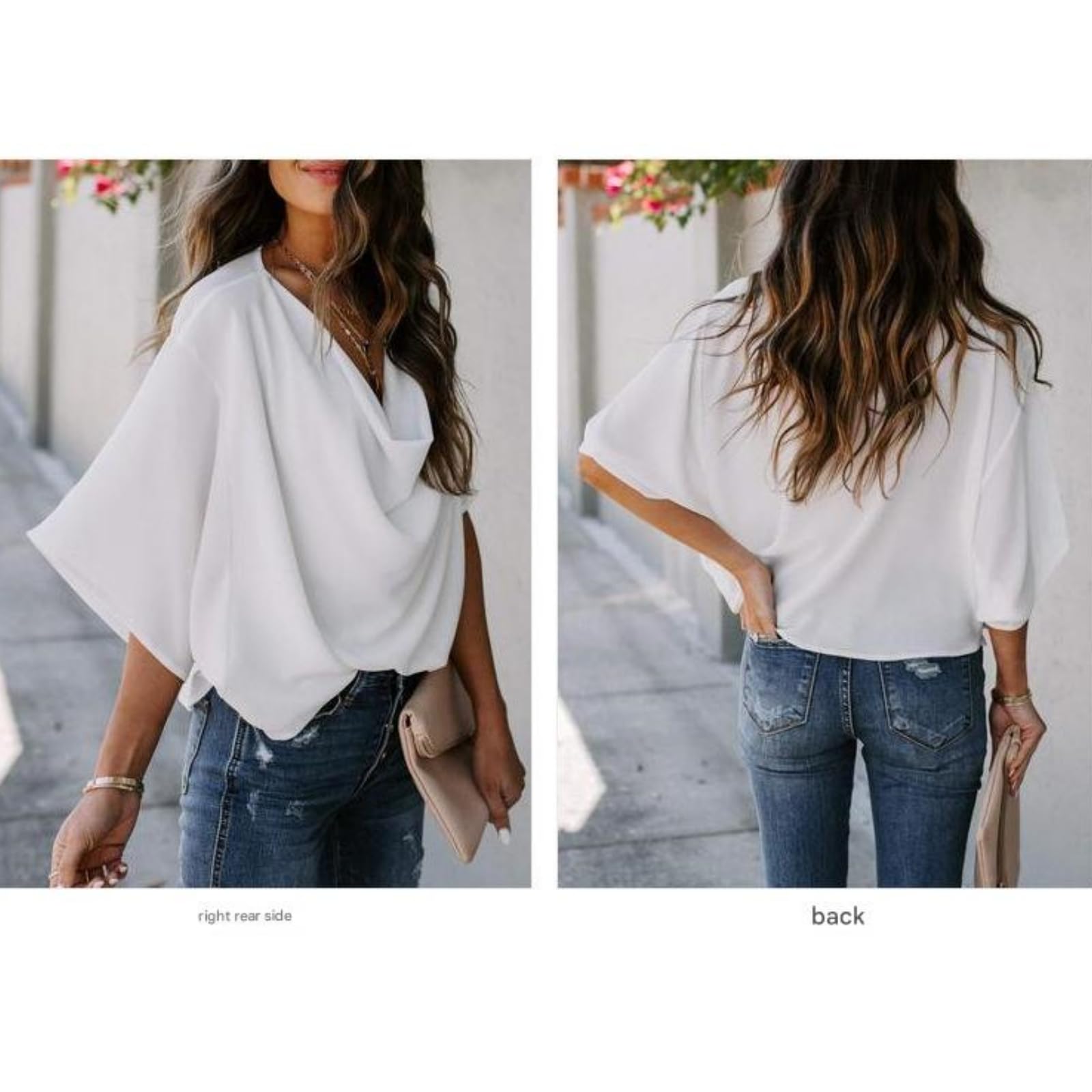 Damen Langarmshirt Chiffon-Bluse, Lockeres V-Ausschnitt, Lässiges Top, T-Shirt, Damenbekleidung-Aprikose-XXXL