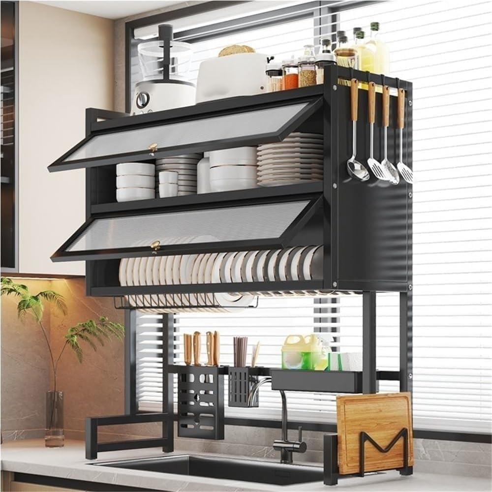 HomeCloud 3-Tier Dish Drying Rack Over Sink, Stainless Steel Dish Rack with Dust & Oil Proof Flip-Up Doors, Plate & Bowl Organizer, Utensil and Cutting Board Holder | Black, Size- 85 × 90 × 28 cm-image-21