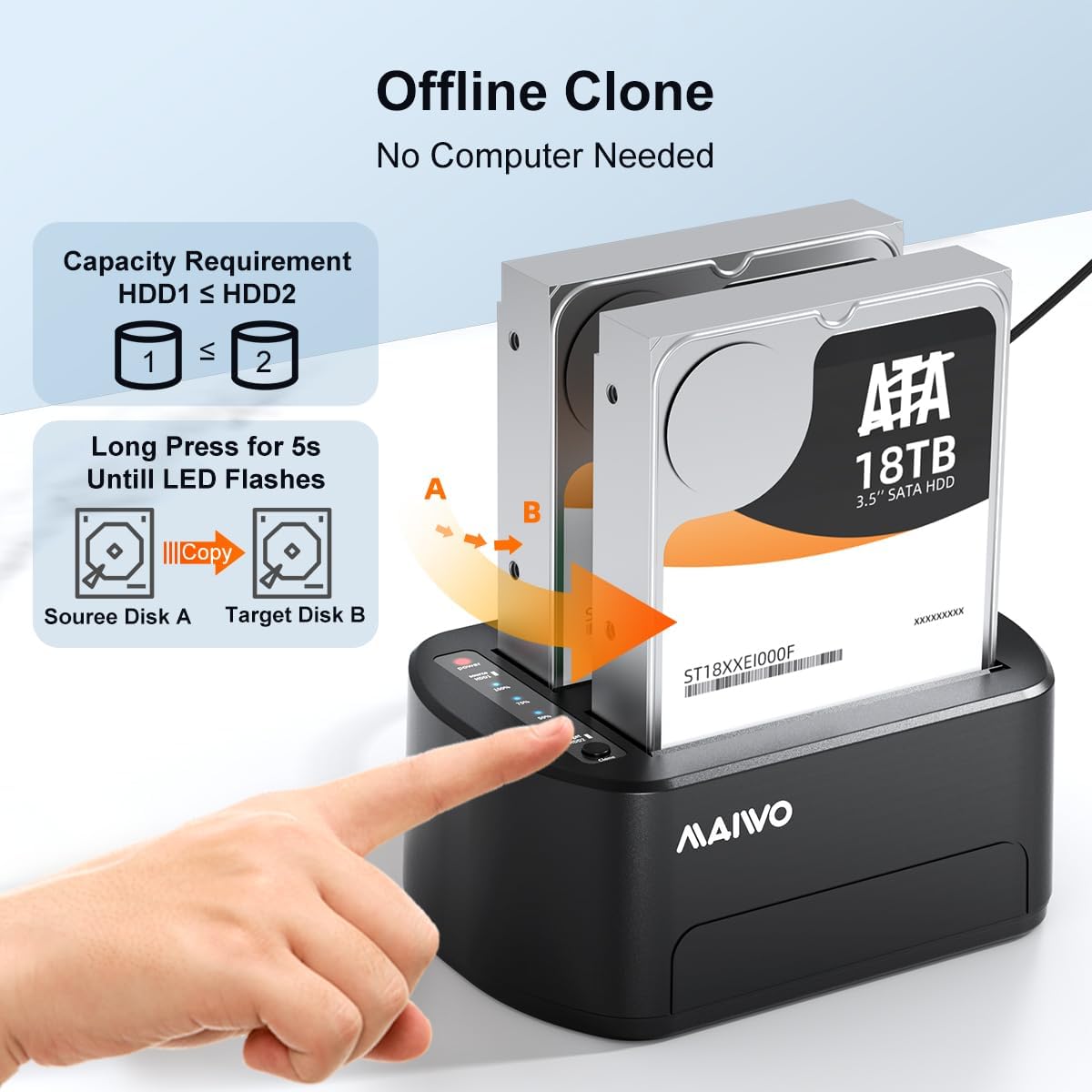MAIWO Station d'accueil pour disque dur externe avec clone hors ligne pour disque dur SATA HDD/SSD 2,5/3,5", 5 Gbit/s avec UASP, capacité de 48 To, double baie USB 3.0 vers SATA Duplicateur