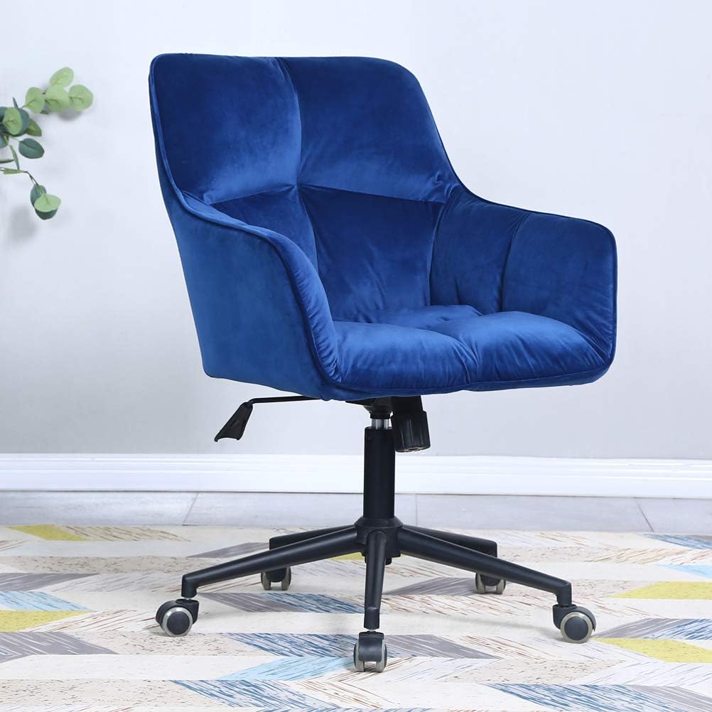 Modern Home Office Desk Chairs 360°Swivel,Velvet Upholstery,Larger Wider Seat,Accent Chair for Desk on Rolling Wheels,Adjustable Swivel Ergonomic Computer Chair with Arms for Home Office(Padded Blue)
