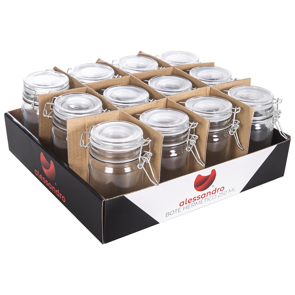 Bote Cristal Hermético 250ml | Pack 36 Unidades | Tarro de Cristal | Tapa Cierre Seguro Hermético | Almacenamiento de Comida Conservas | Cocina Bar Restaurante Hostelería Decoración (250ml Liso (36ud)