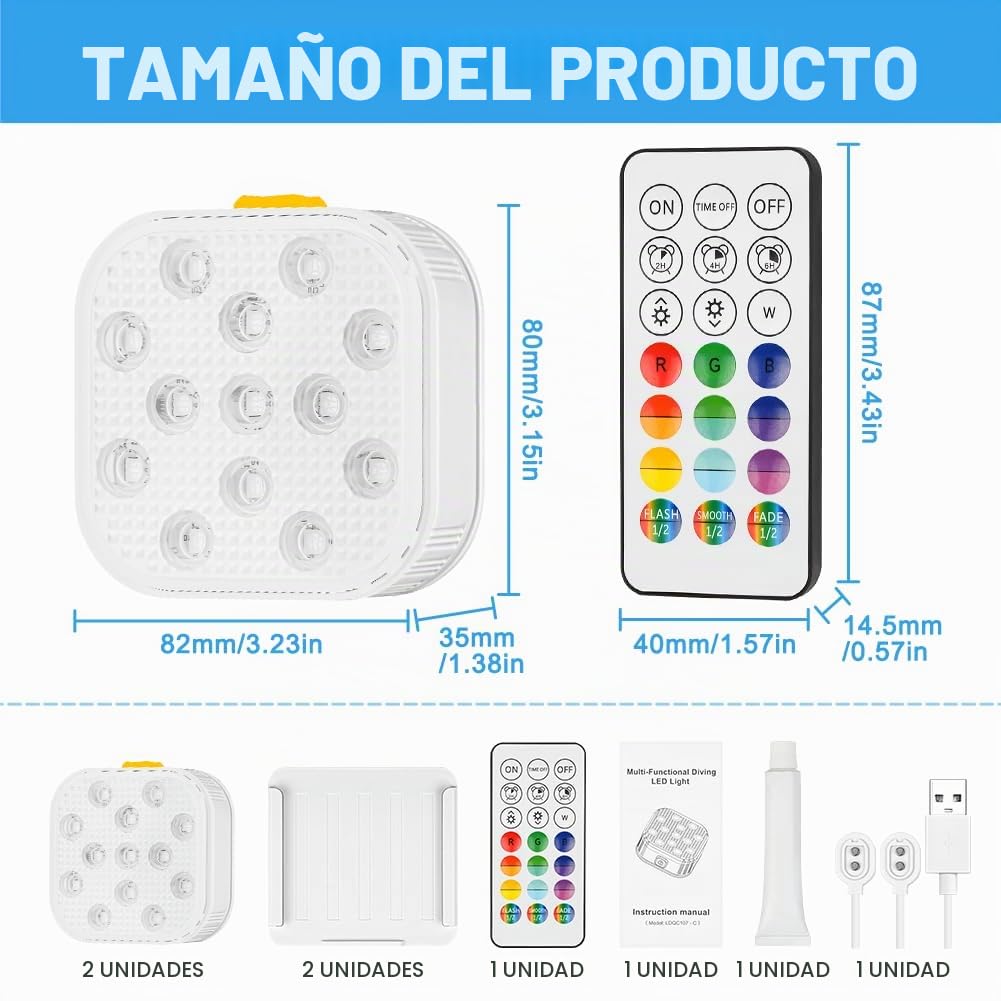 Vicloon Luces LED Sumergibles Recargables, 2PCS Luces LED Piscina Desmontable con Mando, Impermeable IP68, RGB Cambiante Bajo el agua Luz para Fiesta Florero de Navidad Tina de